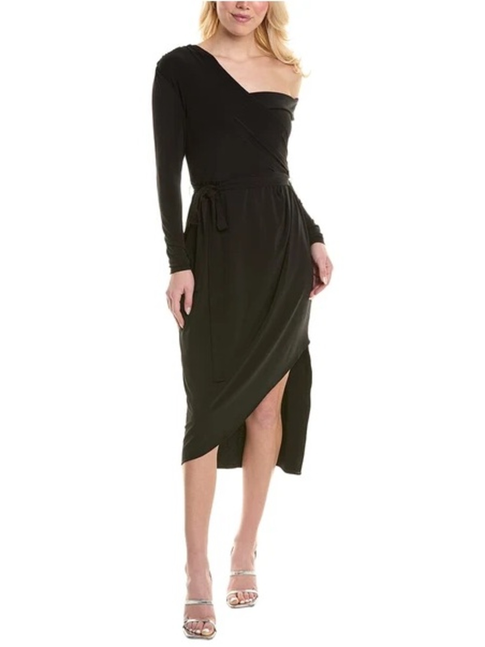 Halston Heritage Eden Black One-Shoulder Long Sleeve Wrap Midi Dress